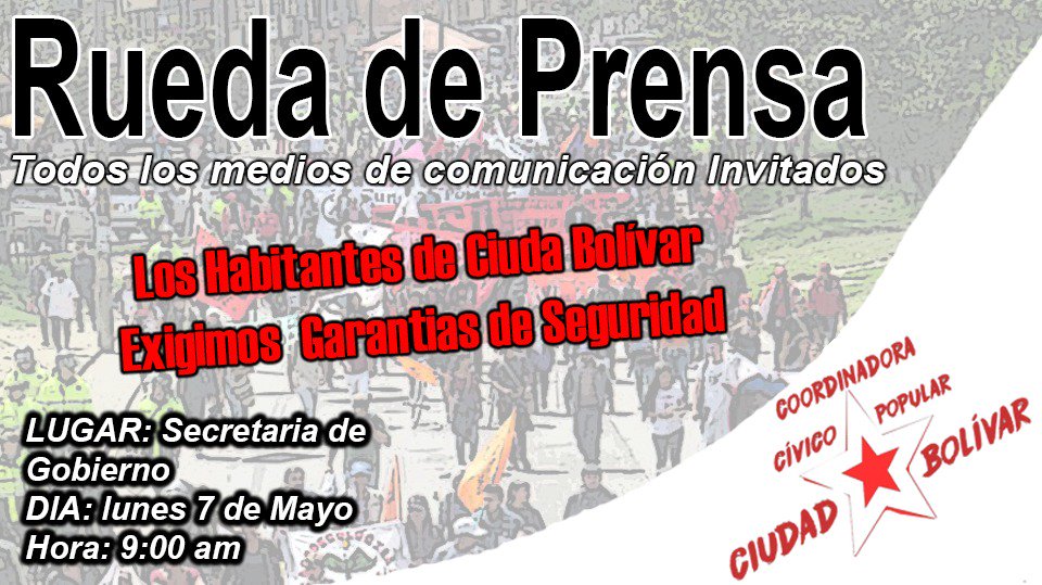CCPBolivar's tweet photo. Queremos garantías de seguridad en nuestra localidad!  
Mañana 7 de mayo, gran rueda de prensa 
@ElEmbudoPrensa 
@PrensaRural 
@PrensaPopularCo https://t.co/31OuqWp2LK