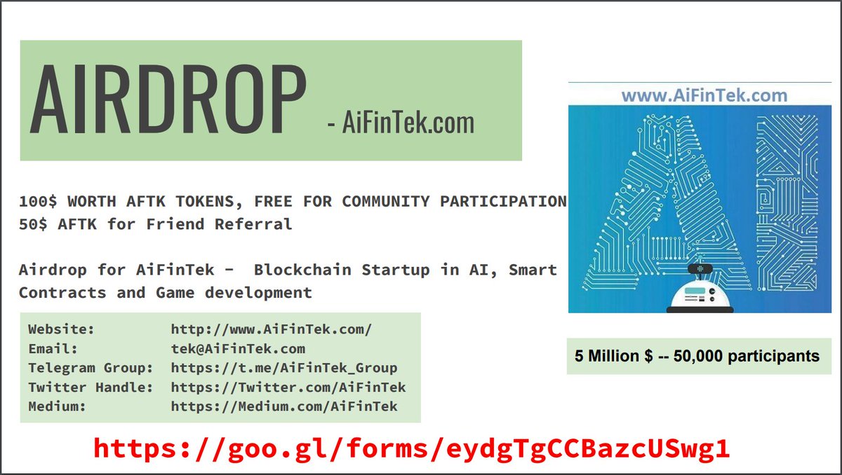 AIRDROP-Claim your share -100$ AFTK TOKEN, 50$ AFTK for Friend Referral,  goo.gl/forms/eydgTgCC… #ICO #blockchain #ethereum #altcoin #token #Dapp $ETH #ETH #BTC $BTC #crowdsale #AI #bitcoin #airdrop  #futures #options #trading #bounty #freecoin #crypto #VirtualReality  #BigData