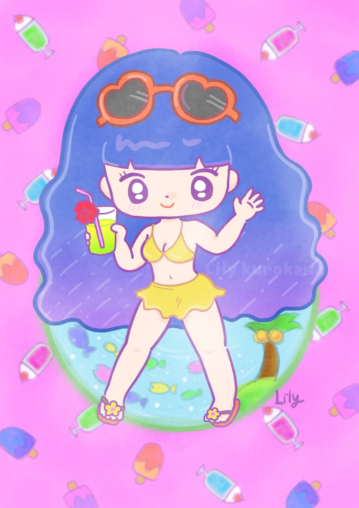 Twitter पर 黒川リリー イラストレーター パズル誌 児童書 カラフルサマー バックにはクリームソーダとアイスキャンディ イラストのお仕事いつでもご相談下さい Rtも喜びます ゆめかわいい Kawaii Illustration Illustrator ファンシー