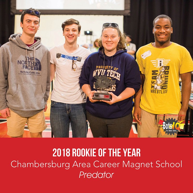 BotsIQSWPA's tweet photo. Congratulations to our 2018 Rookie of the Year: Chambersburg Area Career Magnet School - Predator! This award was given to the rookie team that advanced the farthest in the competition bracket. #SWPABotsIQ https://t.co/lRbWH8DzGV