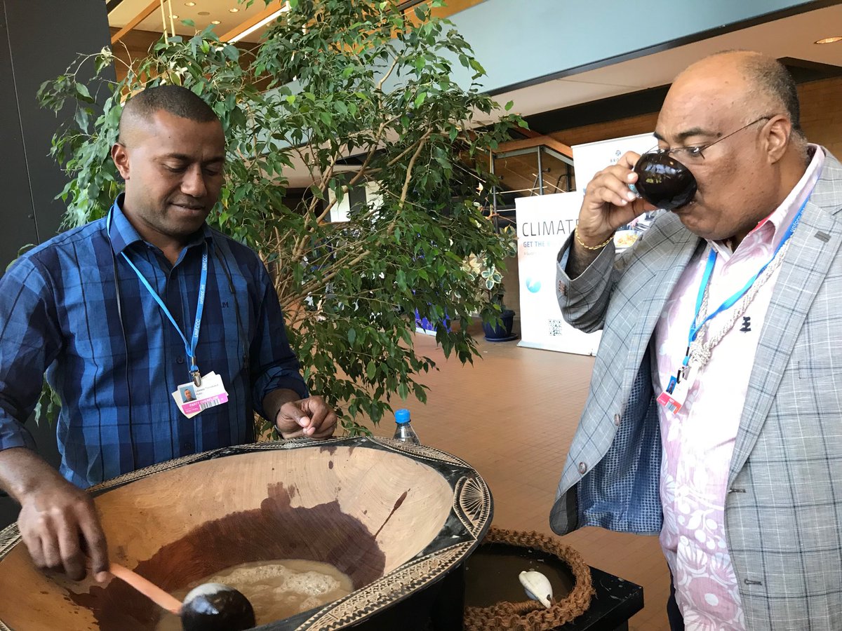 CollinBeck's tweet photo. Drinking kava in between break from the Talanoa Dialogue in Bonn today. Working to see enhanced NDCs to put us on a 1.5 degrees pathway. Everyone to do their fair share in the light of their responsibility and capacity. Submission of enhanced 2020 NDCs. https://t.co/q98FfLezSM