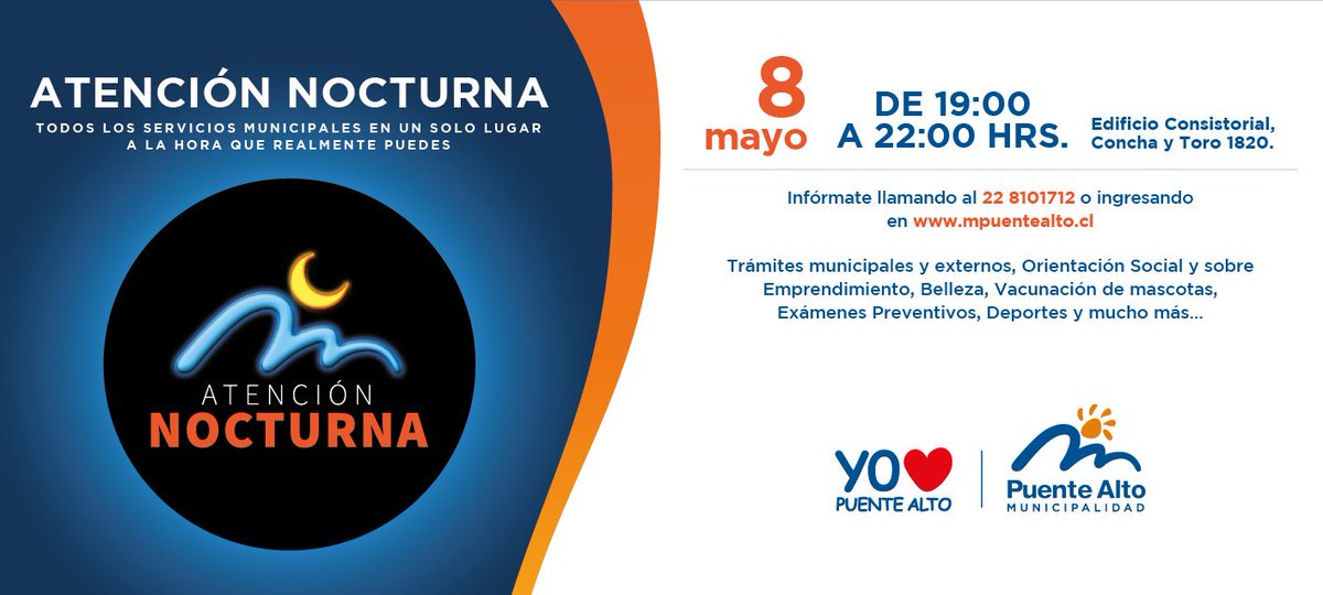 germancodina's tweet photo. 🕗 ¡Recuerda y prográmate! Este martes 8 de mayo tendremos #AtenciónNocturna. Como siempre, todos los servicios municipales a disposición de nuestros vecinos, desde las 19:00 hrs. en la Municipalidad de #PuenteAlto. https://t.co/wbkZi9oPct