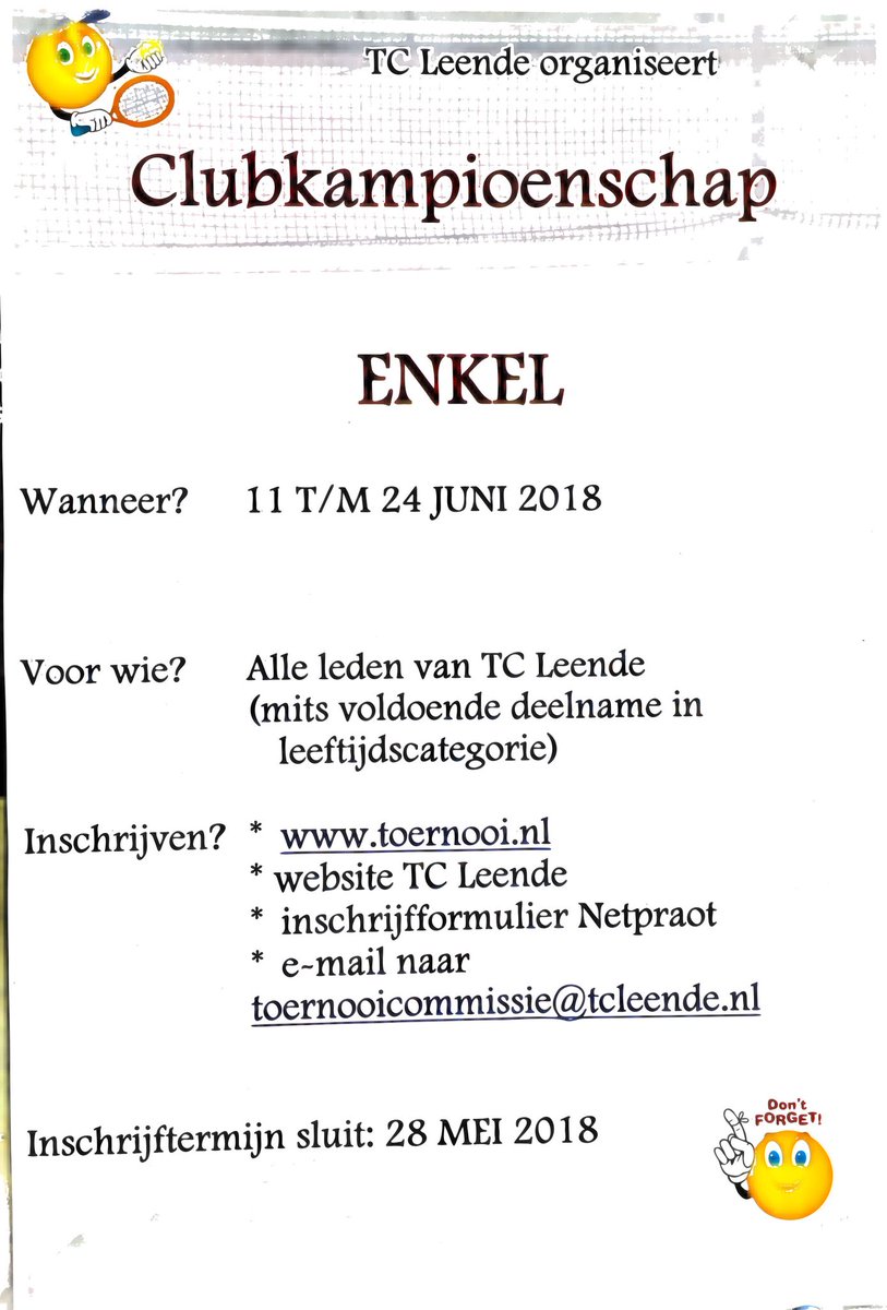 tcleende's tweet photo. Binnenkort Clubkampioenschap Enkel 2018 bij Tennisclub #Leende. Meld je aan voor 28 mei en doe gezellig mee! #sportiviteitengezelligheid https://t.co/oW6px0zBQ1