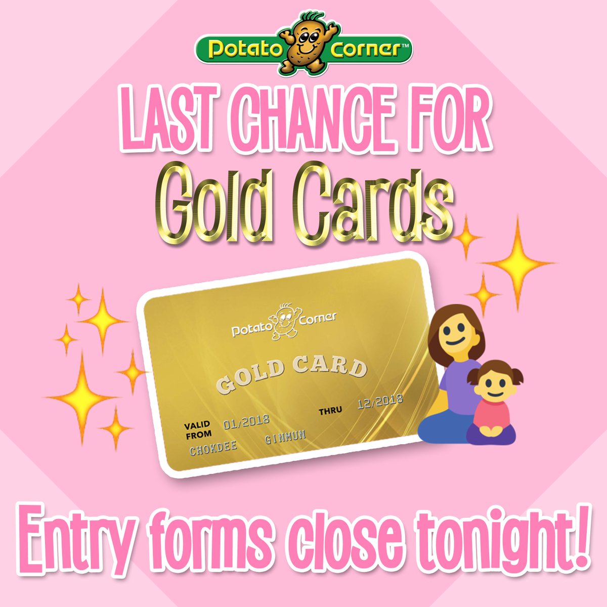 PotatoCornerPH's tweet photo. Last night to make it count! We're closing the entry forms for our Mother's Day Gold Card Giveaway tonight at 11:59PM (GMT+8)! #PCGoldCard #PCGoldCardMothersDay
Full mechanics at https://t.co/38dM8UMu8O https://t.co/isEgdBuGBo