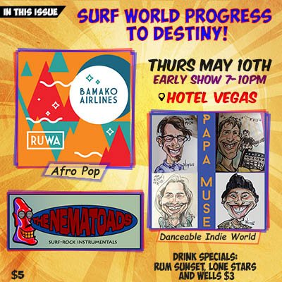 My last show in #AustinTx for the season. Early show. Starts with <a href="/thenematoads/">The Nematoads</a>, then <a href="/PapaMuseMusic/">Papa Muse</a>, &amp; closers Austin Afro Pop superstars <a href="/bamakoairlines/">Bamako Airlines</a>. Great drink specials too! Come dance with me!   
RSVP for info &amp; pre-party: facebook.com/events/1746389…