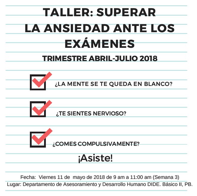 gade_usb's tweet image. ¿La mente se te queda en blanco en los parciales, a pesar de haber estudiado mucho? ¿Te dominan los nervios? Asiste al TALLER PARA SUPERAR LA ANSIEDAD ANTE LOS EXÁMENES, que será dictado por la DADH (@dadh_dide) este viernes de semana 3 a las 9 A.M. ¡No te lo pierdas! #USBve