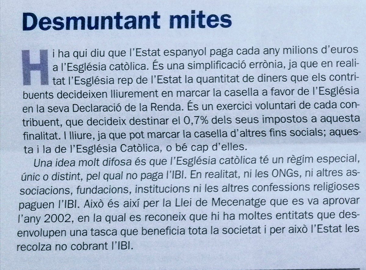 CatDemoCristia's tweet image. Del full dominical del Bisbat de Sant Feliu...De lectura obligada per totes aquelles persones que fan afirmacions i demagògia fàcil sobre l #Església #Iglesia  i els seus suposats únics #privilegis #privilegios ....