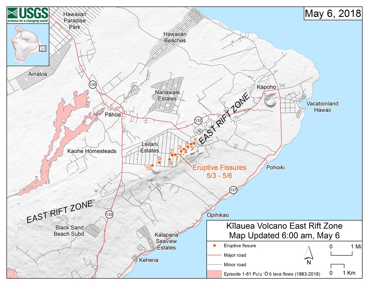 This map shows the locations, mapped by USGS-HVO scientists, of eruptive fissures in the order that they occurred in the Leilani Estates Subdivision as of 6:00 a.m. HST today (May 6). Eruption updates are posted on HVO's website at https://volcanoes.usgs.gov/volcanoes/kilauea/status.html—or you can sign up to receive automatic update messages through the USGS Volcano Notification Service at http://volcanoes.usgs.gov/