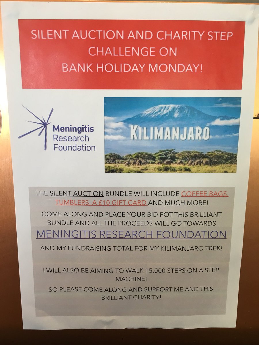 Join us tomorrow for our silent auction and step challenge! <a href="/hedge_endrotary/">Hedge End Rotary</a> <a href="/Hedge_End_News/">Hedge End News</a> <a href="/justtakeasecond/">Justtakeasecond</a> <a href="/M_R_F/">Meningitis Research Foundation</a> #starbucks #HedgeEnd #meningitis #Kilimanjaro