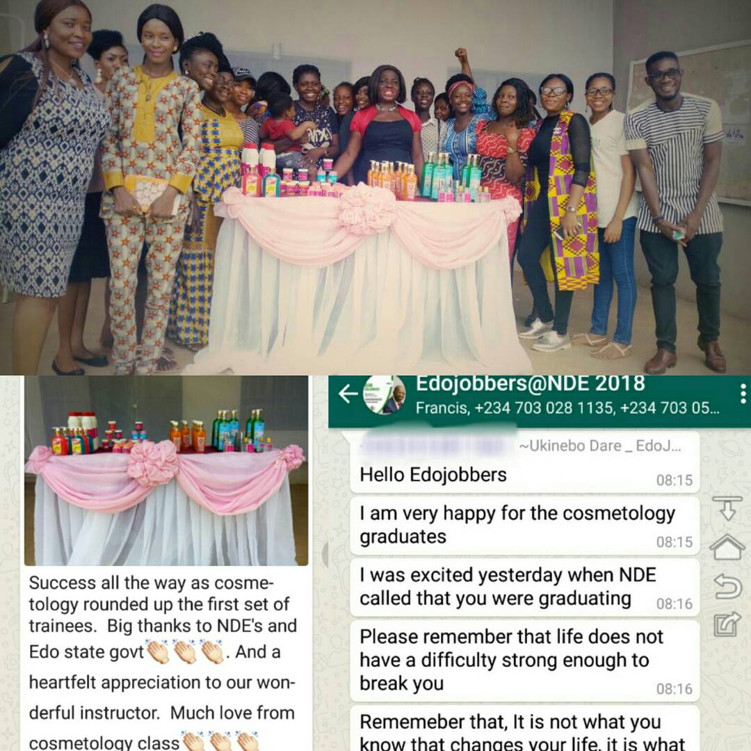 Happy Moments as the Head of EdoJobs, Mrs Ukinebo Dare congratulates new graduands of Cosmetology class(Our EdoJobbers) on their successful completion of their training.
#EdoJobs4Everyone #EdoStateGovernment  #Learnaskill #SkillEmpowerment #WomenEmpowerment #GreaterEdoWorkforce