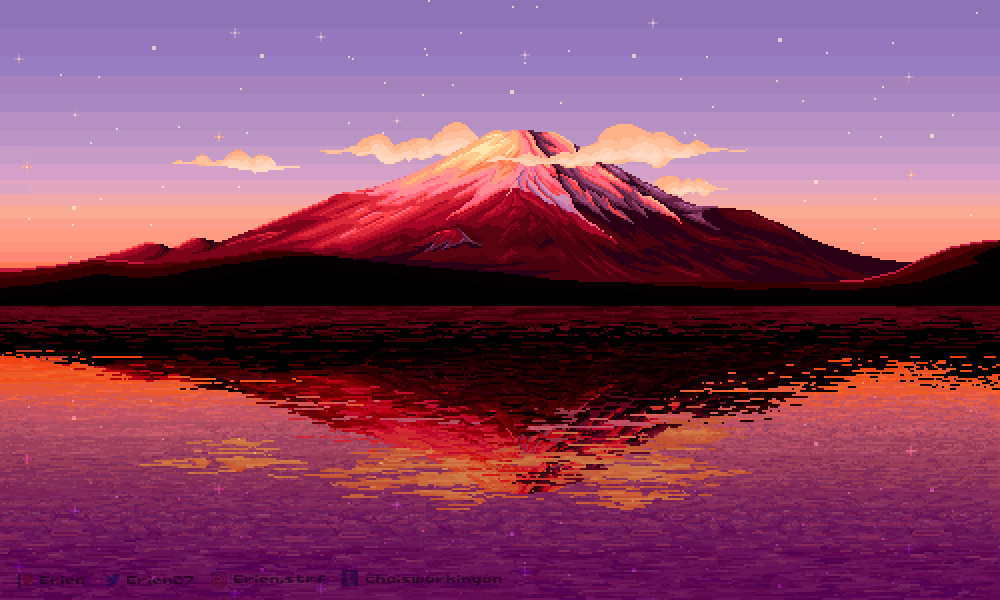 ErienStrf's tweet photo. I’ve finished at last! The beautiful Mount Fuji 🌸 I’m preparing the process gif and the pic to pic for patreon ❤️ #pixelart #illustration #japan #mountfuji https://t.co/dR6qpd3qpe