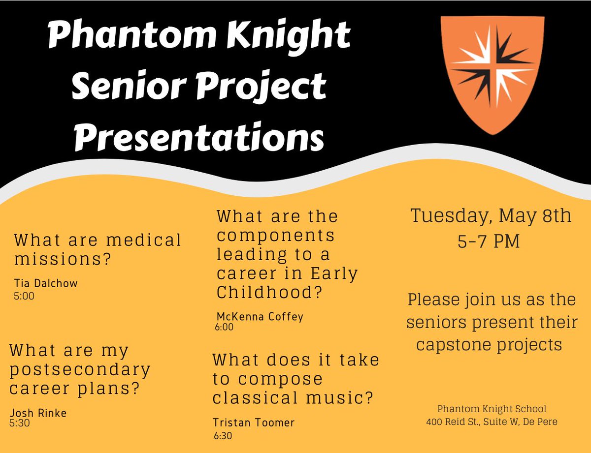 WDPPKS's tweet photo. Please join us this Tuesday, May 8th from 5-7 for our Senior Project Presentation Night.  See attached picture for individual presentation times. https://t.co/r6B4BIGrdU