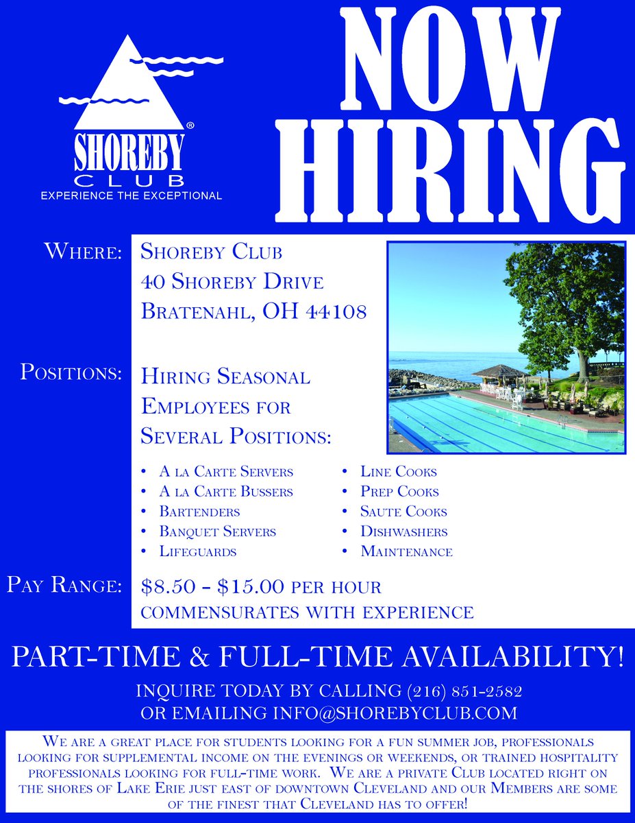 Shoreby Club (@shoreby_club) on Twitter photo Shoreby Club is Hiring! Call or email us today to inquire about employment at our Club - (216) 851-2582 or email info@shorebyclub.com. Shoreby Club is Hiring! Call or email us today to inquire about employment at our Club - (216) 851-2582 or email info@shorebyclub.com.