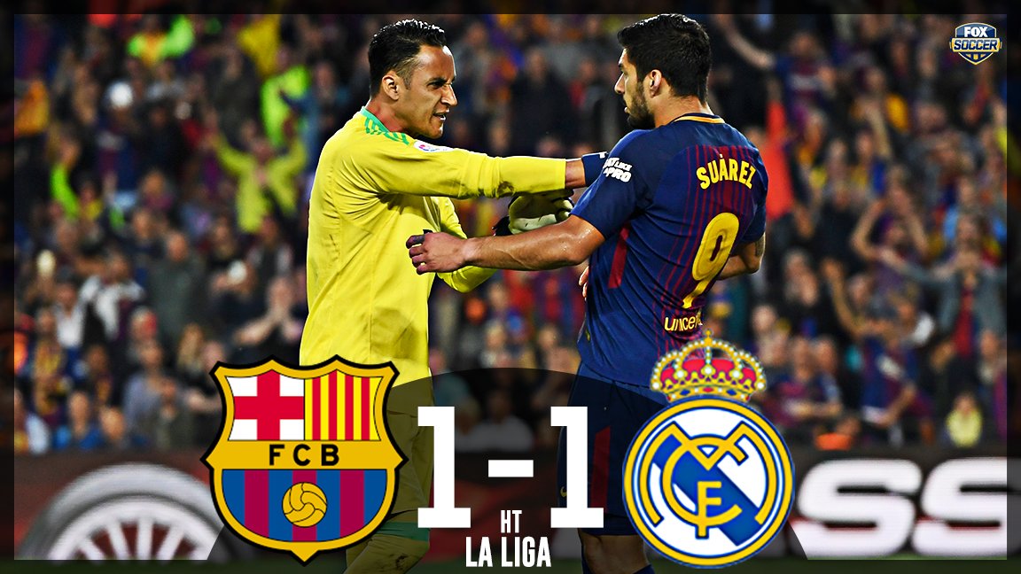 FOXSoccer's tweet photo. Suarez and Ronaldo trade goals in a very, very chippy first half. 

Barcelona will have to play the second half with 10 men after Sergi Roberto gets shown red just before the half. https://t.co/o8wT0oX8Rl