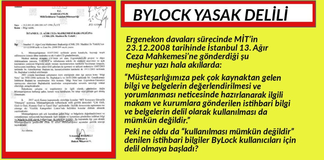 BYLOCK YASAK DELİLİ 

CMK’da

*Yüklenen suç,ancak hukuka uygun şekilde elde edilmiş olan delillerle ispat edilebilir(m217/2)

*Delil,kanuna aykırı olarak elde edilmişse,reddolunur.(m206/2a)

*Kanuna aykırı olarak elde edilen bulgular delil olarak kullanılamaz.(Madde 38/6)<a href="/MTanal/">Av.Mahmut TANAL</a>