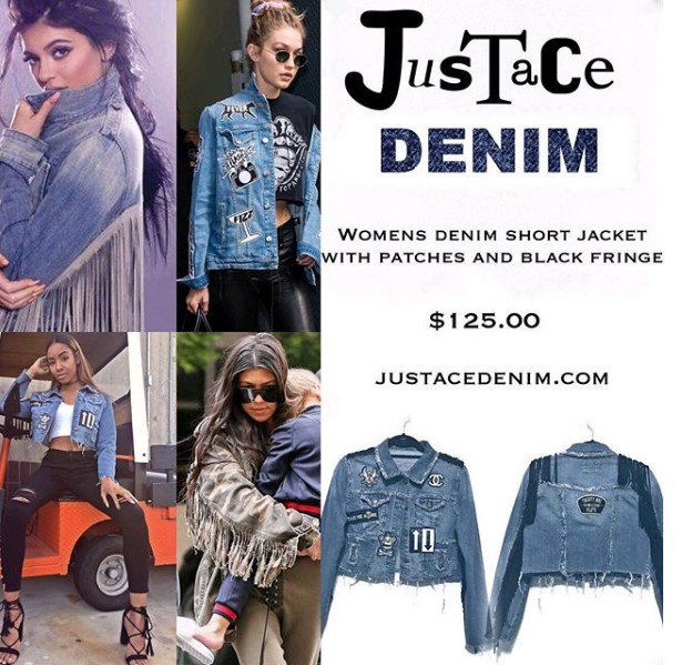 JustaceDenim's tweet photo. Kylie Jenner, Kourtney Kardashian, model Gigi Hadid ferrari and model/singer @britneyjalone get it. Denim jacket with fringe and patches!

#denimjacket #jeanjacket #fringe #singersongwriter #artist #gigihadid #kyliejenner #kourtneykardashian #denimfashion #fashionkilla #cityspotz https://t.co/NAVWW1sIHT