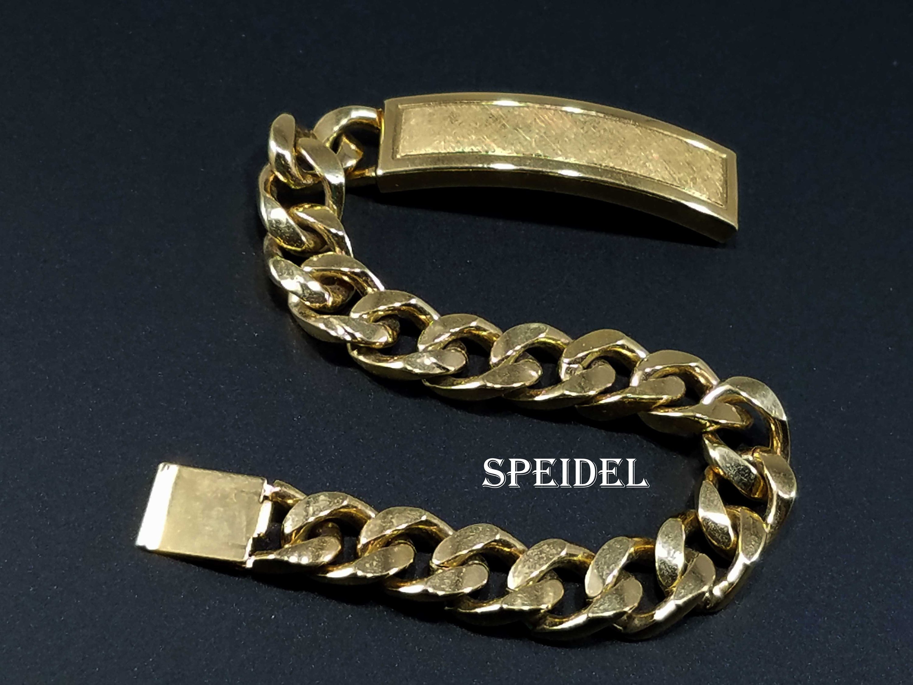 Uncovering Vintage Vintage Costume Jewelry on X etsy shop Vintage SPEIDEL USA Brushed Yellow Gold Electroplated Rocker Metal Link Chain with ID Bar Bracelet 8 1 2 Mens or Unisex Vintage