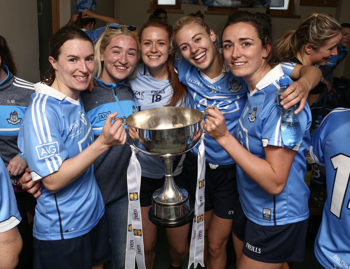 OfficialSylsGAA's tweet photo. Comhgairdeas libh! Our jubilant Dublin stars (l-r) Sinead Aherne, Danielle Lawless, Ciara Lynch, Nicole Owens &amp; Niamh Mc Evoy, pictured celebrating in Parnell Park following their first Div 1 title win! 👕🏐💙💚 https://t.co/SoHzhyeINz