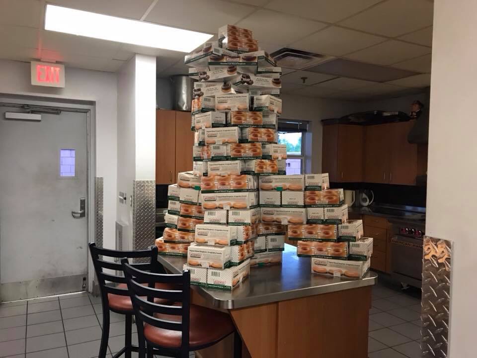 When Krispy Kreme knocks on the station door and says they have a cancellation order, then ask how many donuts would you guys like..... the answer?? All of them! Then the rookies make a Jenga game out of them! 😂😂.