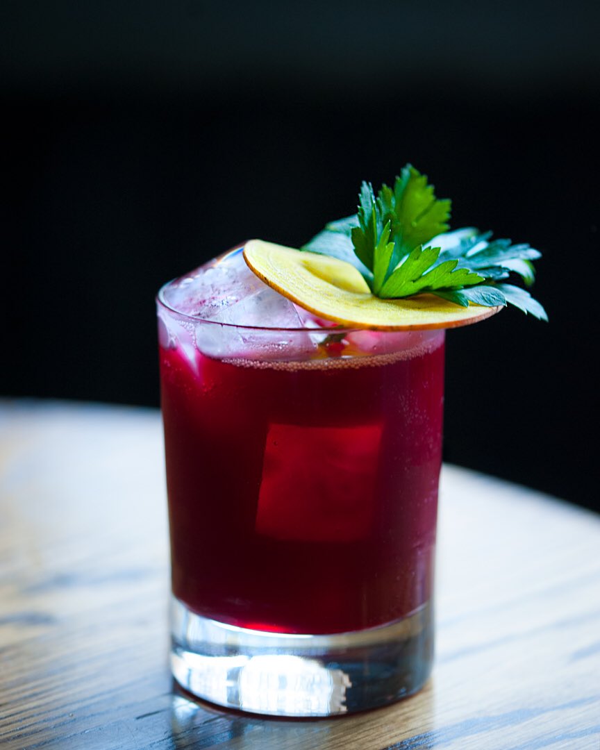 Rumba Clave.  RAGTIME RYE, LEMON, BULLEIT RYE, GIFFARD APRICOT, BEET