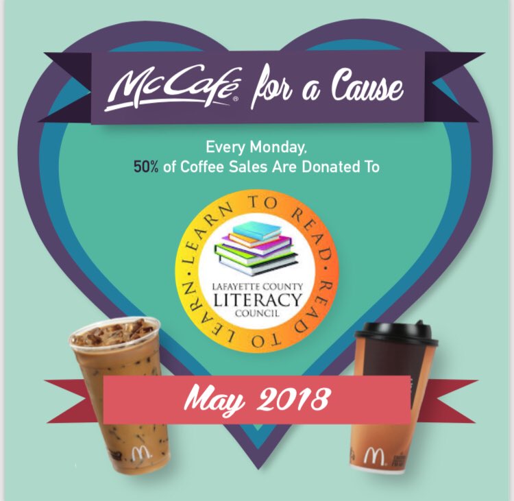 LCLitCouncil's tweet photo. We are so excited that it is our turn‼️ ☕️👏🏼Every Monday in May, grab a cup of coffee from either McDonald’s locations and 50% of the sales will go toward the Lafayette County Literacy Council! #mccafe #coffee #lclc https://t.co/PkBfBKx3pz