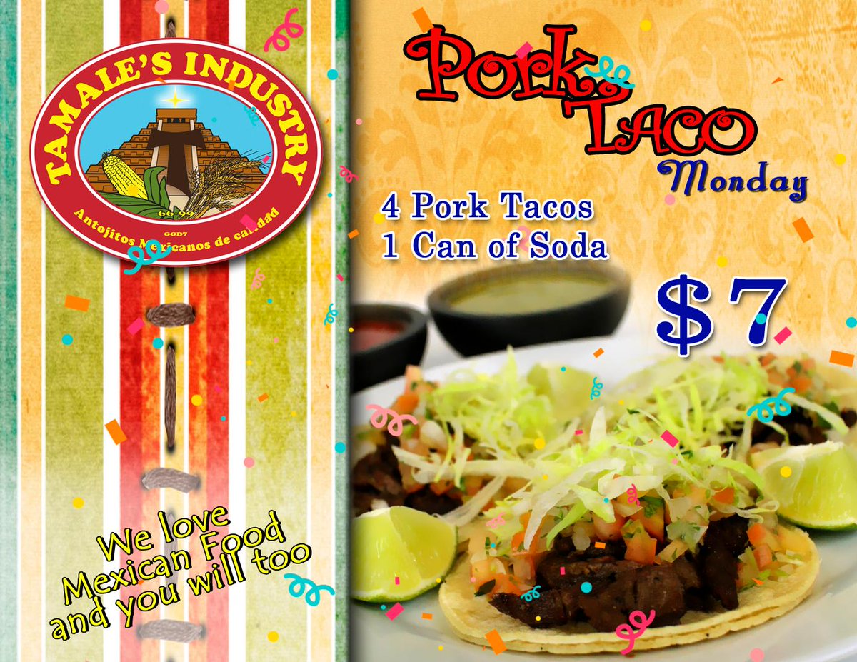 tamalesindustry's tweet photo. Don’t you still know our promotion? Visit us tomorrow with our promotion "Pork Taco Monday". Contact us at 515-288-1135 and we will gladly assist you #Food #MexicanFood #delicious #hungry #meats #followme #tamales #DesMoines #Iowa #USA  #lovefood #tasty #foodshot #MerlehayMall https://t.co/W1oMsISIQH