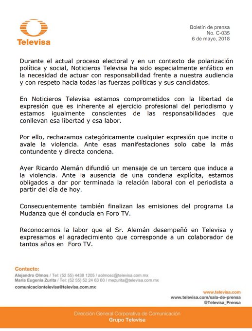 Despiden a Ricardo Alemán de canal 11 y Televisa por tuit polémico