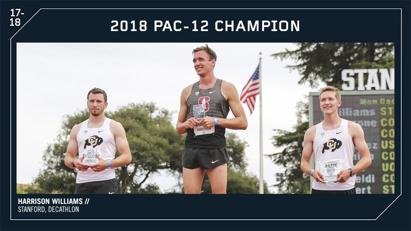 pac12's tweet photo. Congratulations to @StanfordXCTF's Harrison Williams (7925 points) on capturing the 2018 #Pac12TF decathlon title! @CUBuffsTrack's Andrew Ghizzone and Davis Butte also reach the podium as CU amasses 20 team points for next week's events! https://t.co/o0a0fP708J https://t.co/6KfhL75Tys