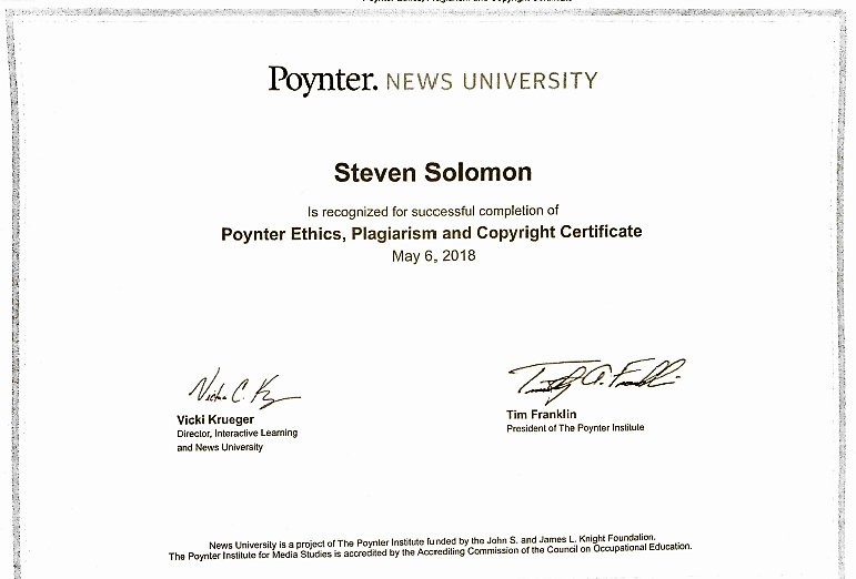 It took me longer to complete than I had wanted, what with so many deployments all over the country last year, but I've finally finished - I've got my "Ethics, Plagiarism and Copyright Certificate" from the Poynter Institute for Media Studies, a non-profit school for journalism.