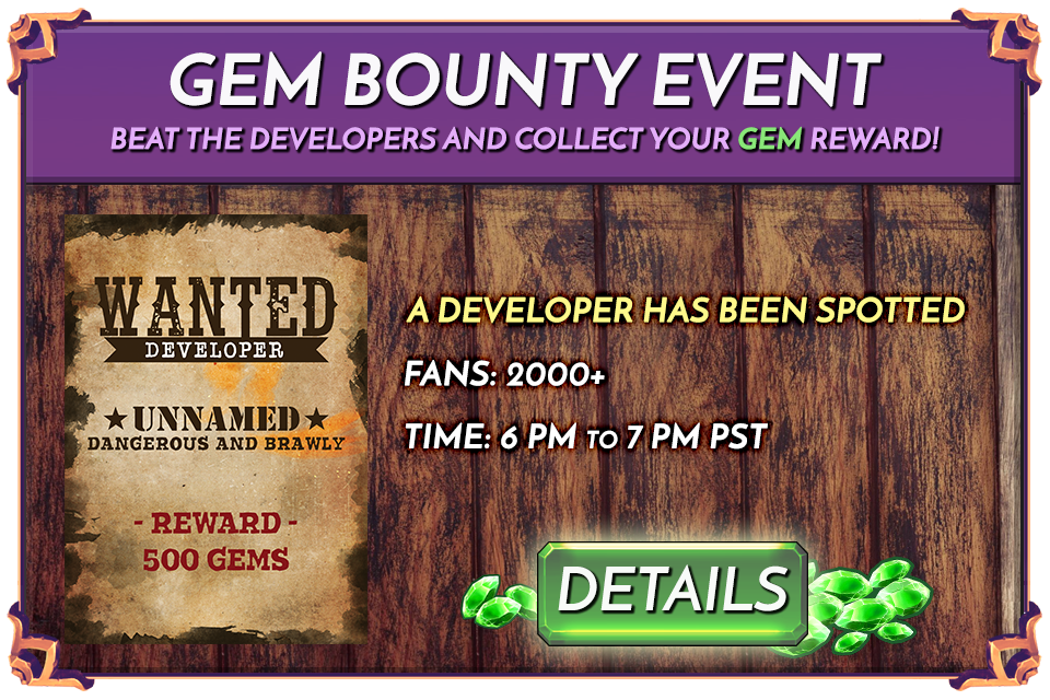 BeastBrawlers's tweet photo. [EVENT] A developer has been spotted! Players can hunt ★Unnamed★ today from 6 pm to 7 pm PST in the 2000+ fans range. Submit a screenshot to claim 500 gems 💎 #devbounty #getthatdev

🤠 Details: https://t.co/pgt7dcT1re https://t.co/j3EG5AIiHK