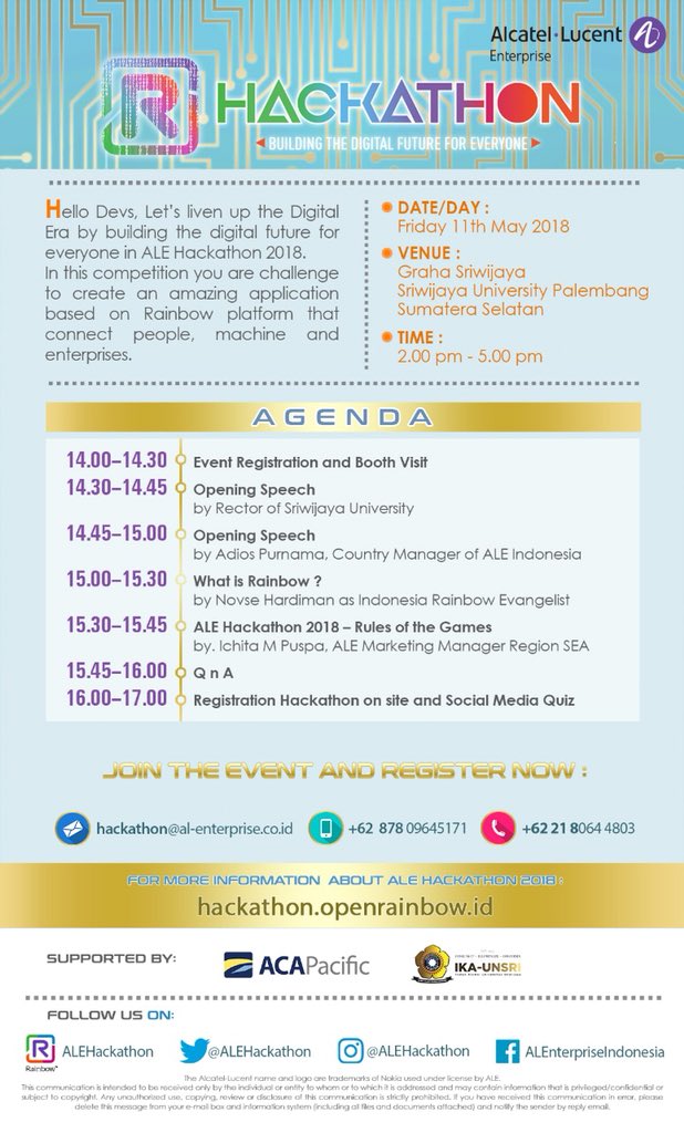 ALEHackathon's tweet photo. Morning Devs! Have you registered to ALE Hackathon 2018? You can register online or on-site. This week we will come to @unsri @bemilkomunsri Palembang
#Cloud #CPaaS #ALEHackathon #Hackathon2018 #DXI #DX #DigitalFuture #Innovation #IoT #Transformation #Rainbow https://t.co/PPdy8SdKYf