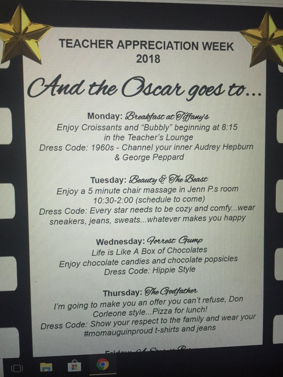 mennonek's tweet photo. Teacher Appreciation week 2018 is going to be spectacular!!! I’m so looking forward to work this week! Our principal is truly a star @diane_mackinnon
Thank you!!! #momauguinproud https://t.co/w86R7fWGM3
