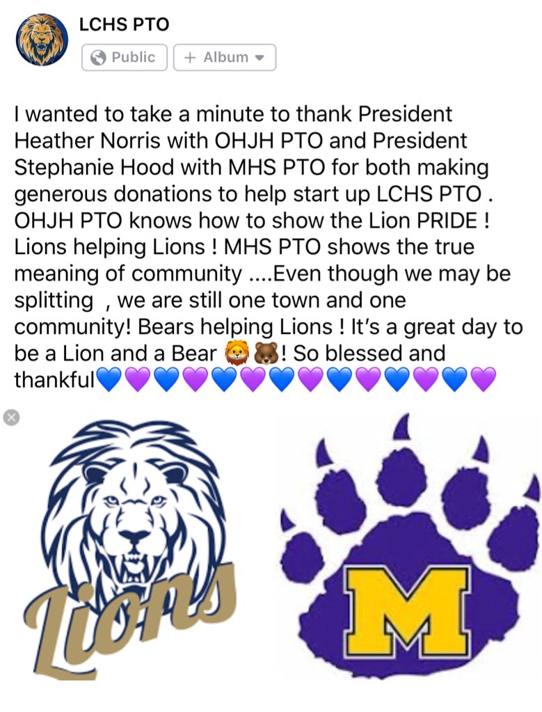 LClionsPTO's tweet photo. I wanted to take a moment and thank President Heather Norris with OHJH PTO and President Stephanie Hood with MHS PTO for both making generous donations to help start up LCHS PTO! 🦁🐻💙💜💙💜 https://t.co/6NGBCRyVzP