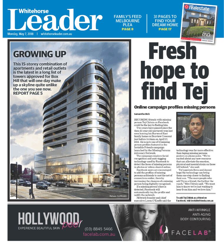 A ground-breaking campaign which uses Facebook friends to find missing persons could be the key to finding Tej Chitnis. Details <a href="/WhitehorseLDR/">Whitehorse Leader</a>