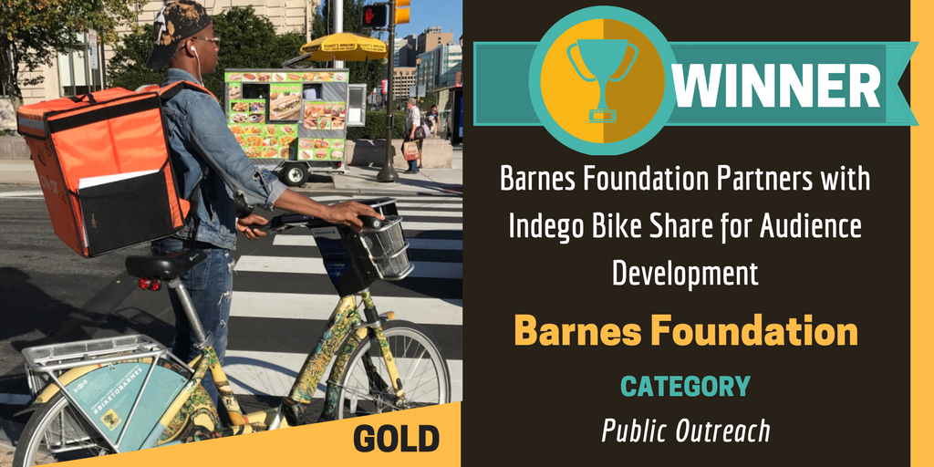 AAM_MediaTech's tweet photo. 👋 …And the Public Outreach: 🏆 Gold MUSE Award goes to @the_barnes for “Barnes Foundation Partners with Indego Bike Share for Audience Development”
#AAM2018 @AAMers https://t.co/T5GI5GhptC
