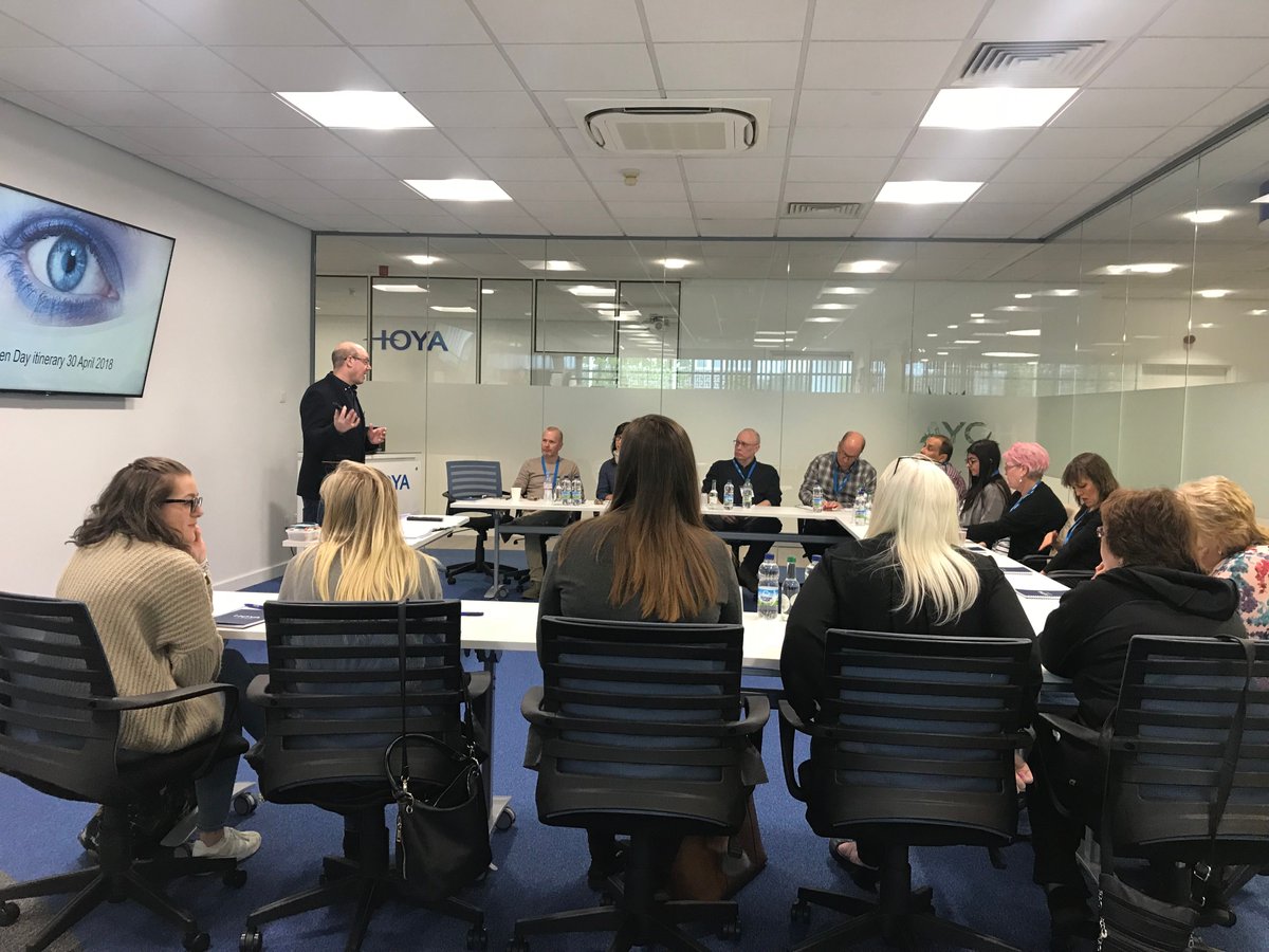Hoya_UK's tweet photo. Here's a picture of our customers at our CET Presentation &amp; lab tour this week which was worth 4 CET points! The customers also received a presentation about digital eye strain and our latest Sync 3 lens - lots of happy faces all round! https://t.co/wE8Q5b5kqi