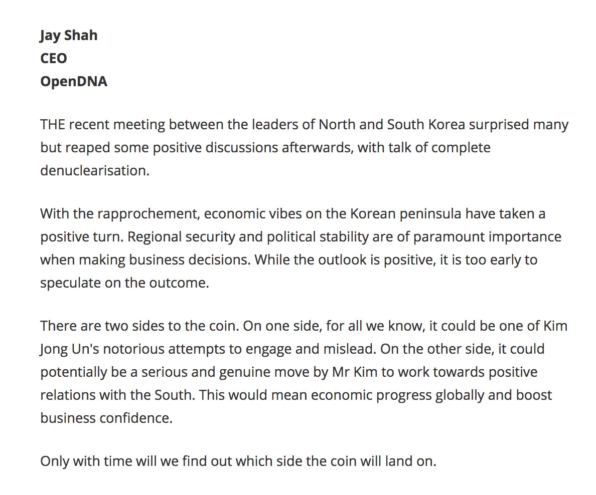 brainiac0010's tweet photo. Delighted to have my commentary featured in @BusinessTimes Views From The Top section today, discussing on the historic meeting that took place recently in Korean Peninsula and the impact it has on businesses in the region.https://t.co/7x3M1K2msy

#KoreanPeninsula #OpenDNA #ASX https://t.co/Vd0TvYQHYz