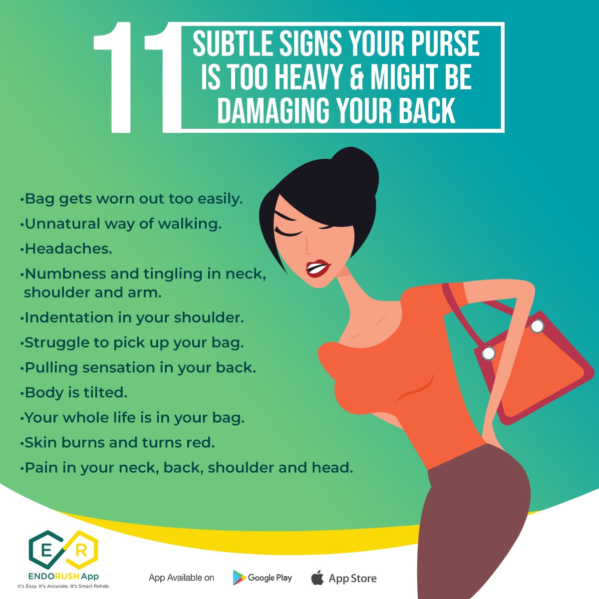 EndoRush_App's tweet photo. Are you a suspect of HandBag Syndrome?
If the list sounds familiar then think about taking a preventive measure. 

#fashionstyle #handbag #purses #schools #BackPain #Neck #lifestyle #prevention #endorushapp https://t.co/zYnWVtm6AV