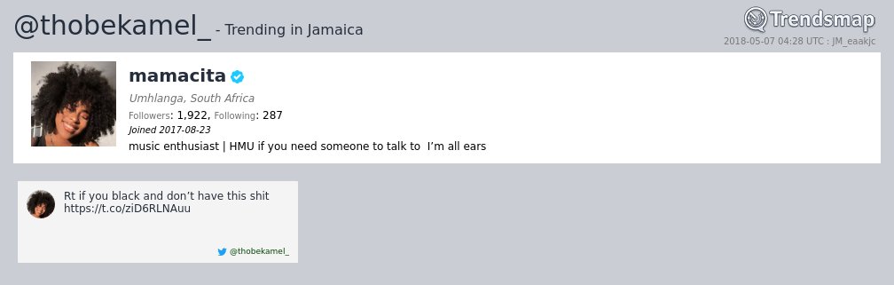 TrendsJamaica's tweet photo. Mamacita, @thobekamel_ is now trending in Jamaica

https://t.co/2h5L9Vu14o https://t.co/0Hxsmsqi6N