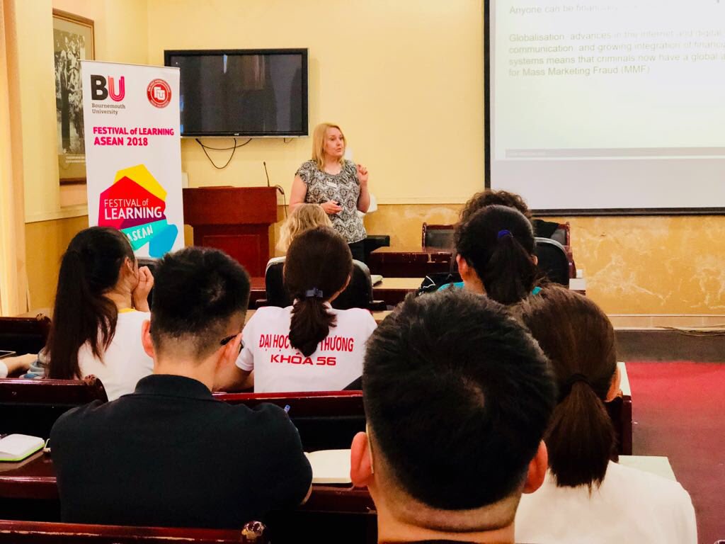 ASEAN_BUzz's tweet photo. Professor Lee-Anne Fenge, @LFenge commenting on the hard social truths that the UK faces. Focusing on loneliness and Romance scams, highlighting the social and economic pressures that we are sadly facing today #GlobalFoL18 #Hanoi @GlobalBU @bournemouthuni https://t.co/1w1I4TihJu