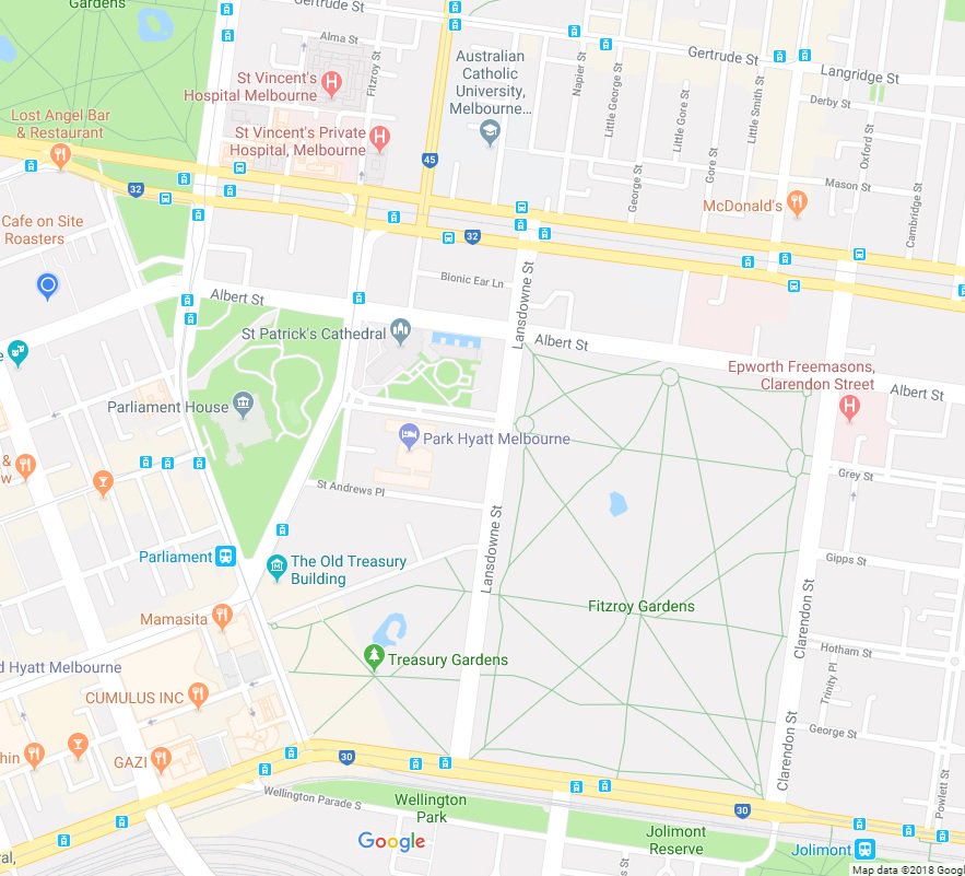 mapstart's tweet image. missing park colour behind Fitzroy and Treasury Gardens (Melbourne) in the #googleMaps #cartography #GIS #Map @googlemaps