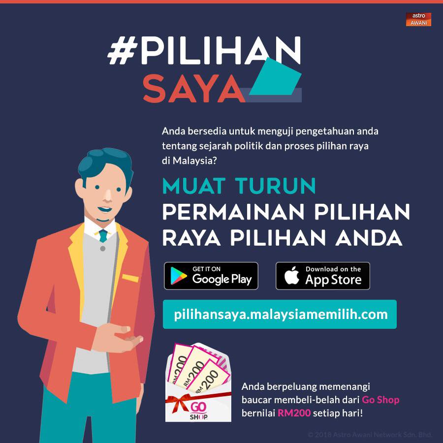 501Awani's tweet photo. #MalaysiaMemilih Tinggal 2 hari lagi sebelum #PRU14. Apa kata kita relaks dulu dengan permainan #PilihanSaya.

Ada #Strategi, #CepatTepat atau #Trivia.

#PilihanSaya menawarkan 2 pilihan muat turun iaitu,
iOS: https://t.co/Xnlhn1DApi 
Android: https://t.co/XXkyyjpZf5 https://t.co/a5tZ7qclQH