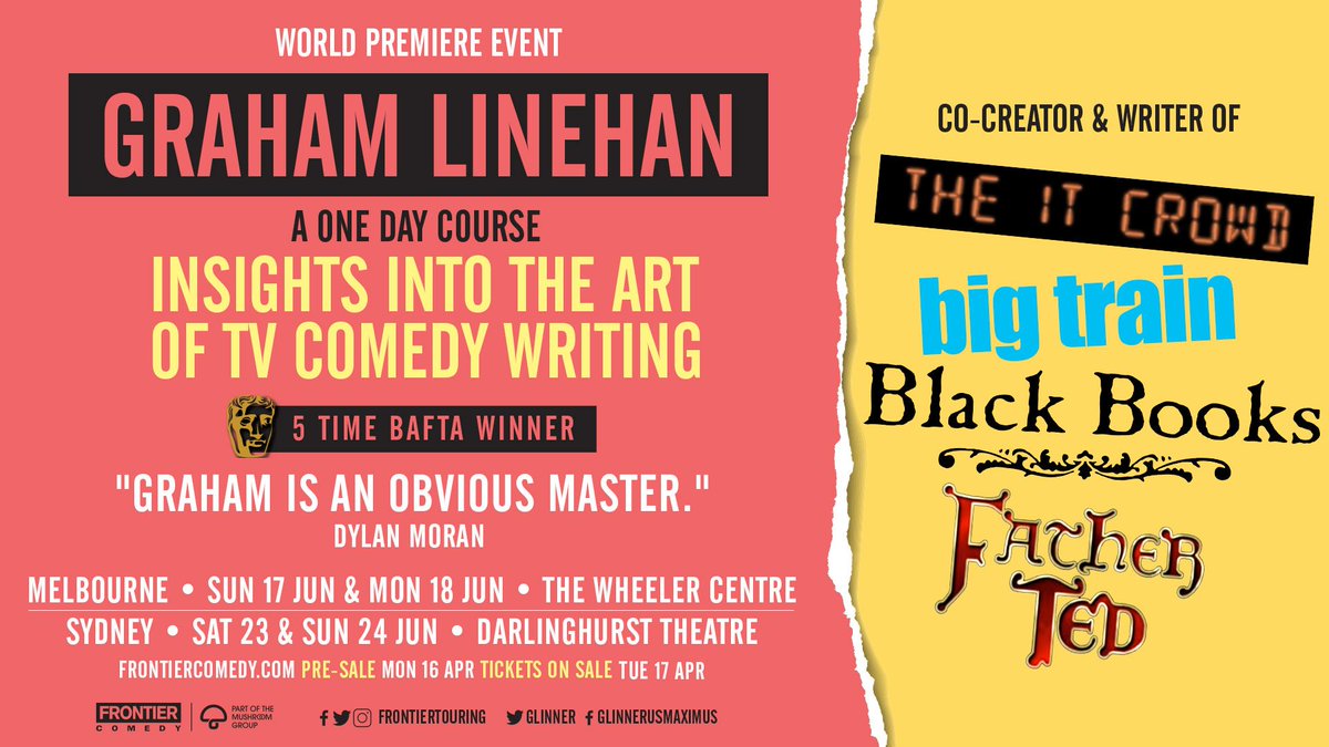 frontiertouring's tweet photo. REMINDER ❕The 'Early Bird' offer for BAFTA-winner Graham Linehan's [@Glinner] comedy writing workshops ends this Thursday (12am). 

Don’t miss a once in a lifetime chance to gain insights from one of the world’s most respected comedy writers!

🎫 https://t.co/vadtKp1vfP https://t.co/JhvaYQdeHe