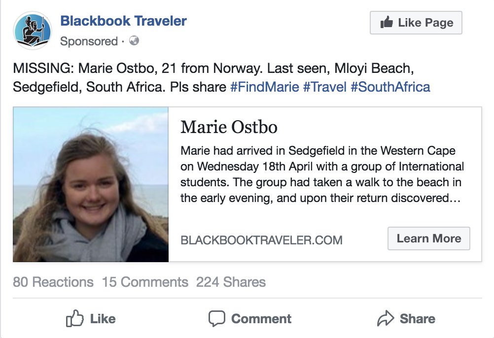 BT_Website's tweet photo. Blackbook Traveler's online 'Missing Pages' Campaign for Norwegian Backpacker Marie Ostbo who disappeared in Sth Africa 2 weeks ago, reached 30,000 people in the area she was last seen. Locals messaged us to distribute her poster in the area. Still no leads. Where is Marie? https://t.co/ZHxJL2T1Vv