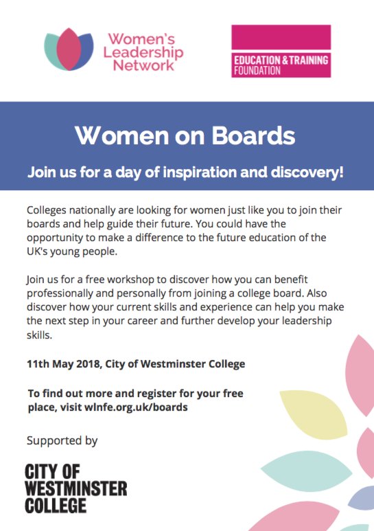 The_WLN's tweet photo. Find out why #FEColleges need your #Skills & #Experience at our #WomenOnBoards #Workshop @E_T_Foundation #FEUK #WomenEd https://t.co/gkLdw2DENM https://t.co/cIRxexgxqC