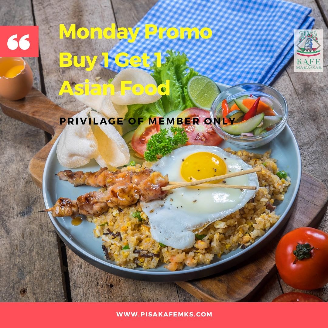 🙌Buy 1 Get 1 Asian Food
- hari ini khusus menu asian😘
- Khusus member pisa kafe 😍
- Tanpa nominal pembelanjaan
- Only Foods &amp;  Only Gelato
- follow dan like Instagram kami
<a href="/pisakafemks/">PisaKafeMKS</a>
 pisakafemks.com
Jl. Botolempangan no 58
0411- 363 5888

#like4like #promo #diskon