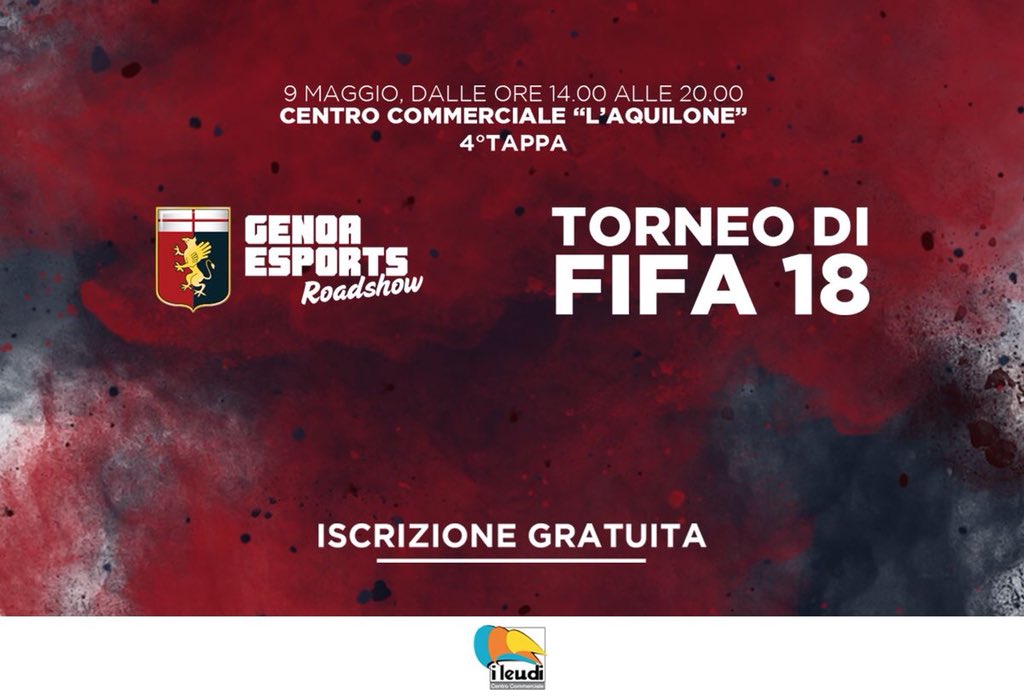 GenoaCFC's tweet photo. 🎮 Sei un campione di FIFA 18 o conosci qualcuno che lo è?

🔴🔵 Il #GenoaEsportsRoadshow sbarca il 9 maggio al Centro Commerciale “I Leudi”. Le iscrizioni sono aperte! 🙌🏻 Leggi qui tutte le info utili ➡️ https://t.co/5X93syE1p4 https://t.co/TxkeRb4023