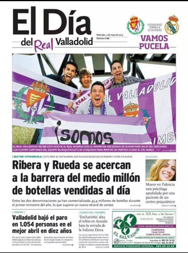 GritoPucelano's tweet image. HACE YA 4 AÑOS DE ESTA PORTADA, EL DÍA QUE LE QUITAMOS LA LIGA AL REAL MADRID QUE 2 SEMANAS GANARÍA LA DÉCIMA, CON UN CÓRNER SACADO POR BARAJA Y REMATADO POR OSORIO