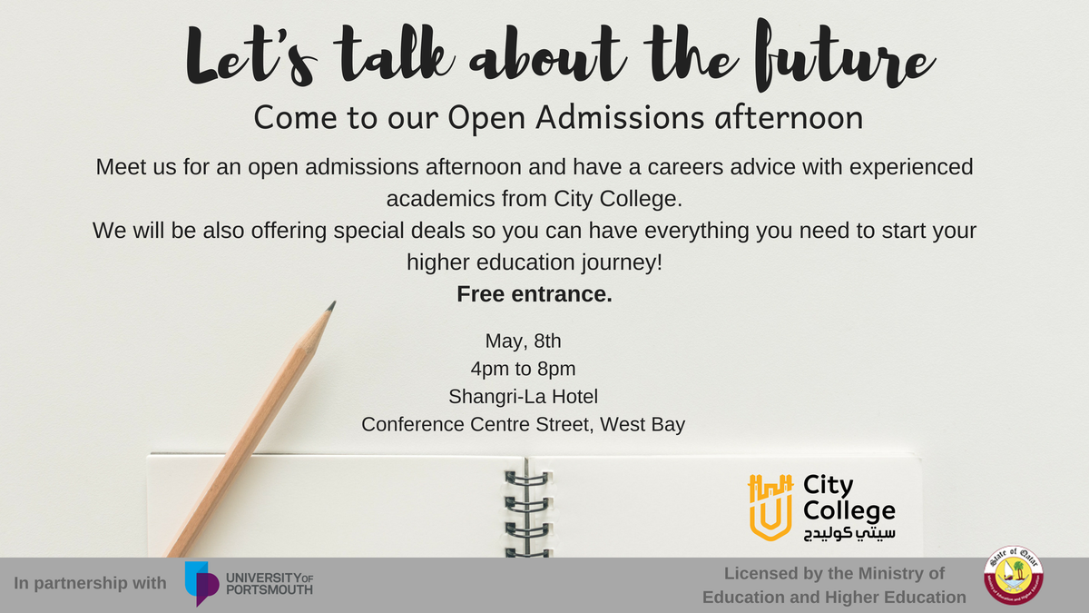 qatarliving's tweet photo. If you'd like to visit #CityCollageQatar at their open day tomorrow be sure to be at @ShangriLa_Doha between 4pm-8pm. Entrance is free! #QLEducation #Qatar #HigherLearning https://t.co/pHqQxW2UNq