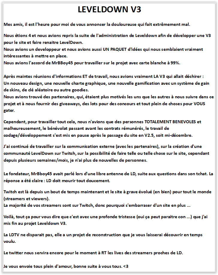 The_LevelDown's tweet photo. ⚠ ANNONCE ⚠

Beaucoup se demande où est la V3, que devient LD. 
J'ai essayé de faire concis, d'expliquer les choses et d'occulter certaines qui ne vous regarde pas ;) https://t.co/Rj3MVkqN4V